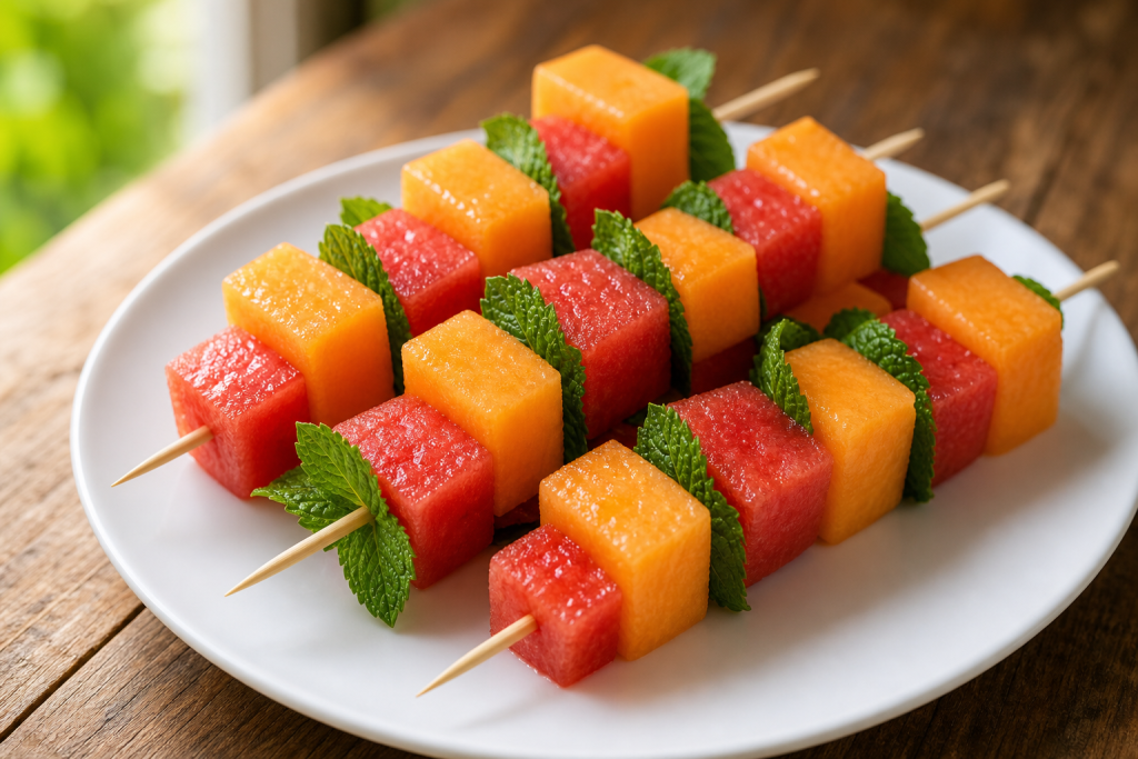 Brochettes en bois de cubes de melon et pastèque avec menthe fraîche, sur assiette blanche, éclairage estival