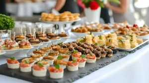 Buffet traiteur avec des amuses-bouche, des bouchées, des verrines, des canapés