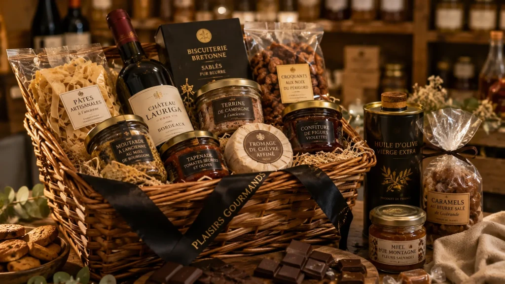 cadeaux gourmands d'épicerie fine : vin, foie gras, chocolat, huile d'olive, fromage...