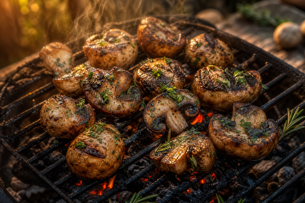 Champignons de Paris marinés et grillés au barbecue, dorés avec des marques de gril