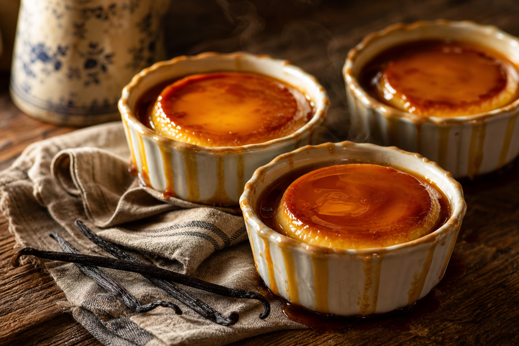 Trois flans aux œufs individuels nappés de caramel liquide, servis dans des ramequins blancs sur une table en bois rustique.