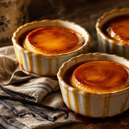 Trois flans aux œufs individuels nappés de caramel liquide, servis dans des ramequins blancs sur une table en bois rustique.