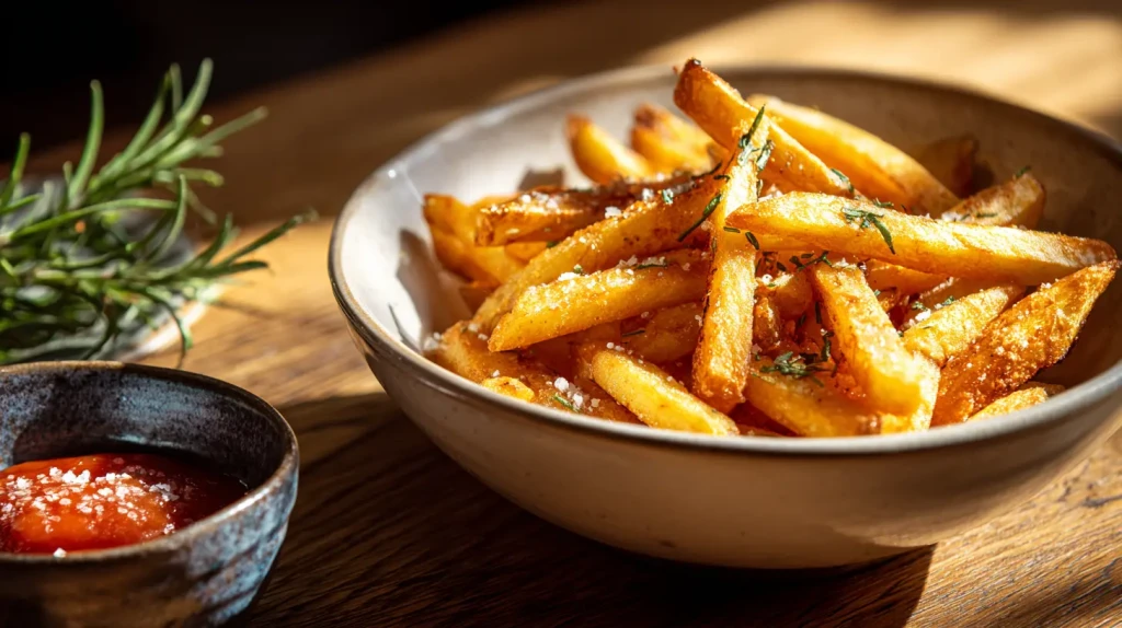 Assiette blanche de frites au four maison dorées avec sel et paprika, accompagnées de sauce tomate