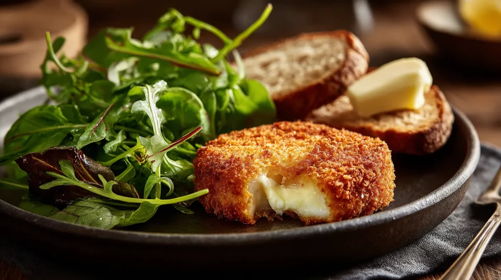 fromage pané avec une salade et du pain avec du beurre doux frais