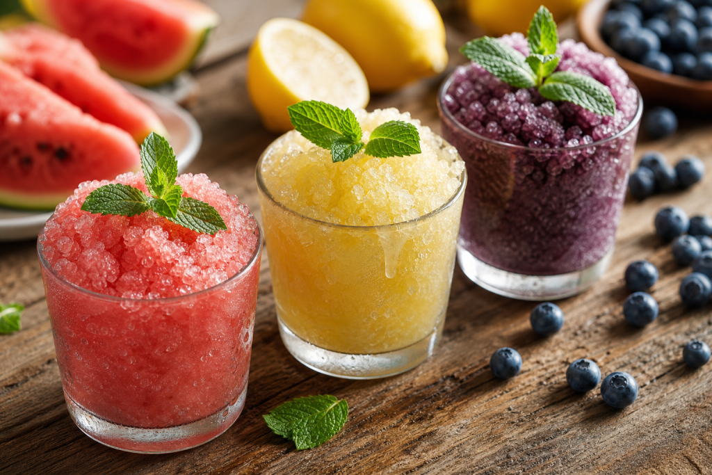 Trois coupelles de granité maison aux fruits : pastèque rose, citron jaune et myrtille violet, décorées de menthe.