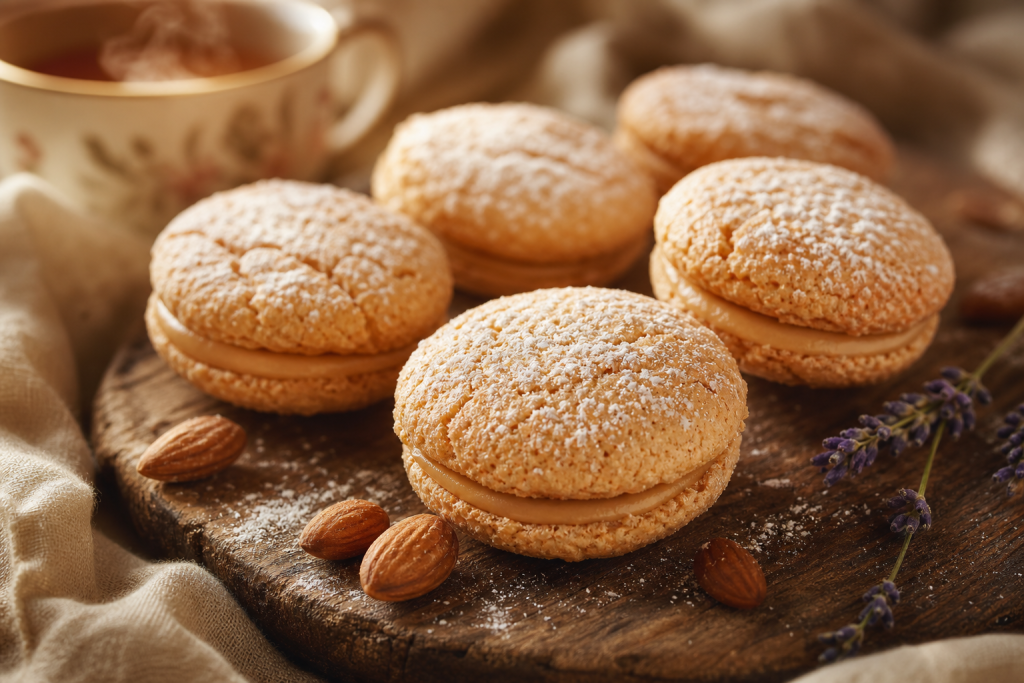 Macarons aux amandes façon petits fours dorés et saupoudrés de sucre glace, disposés sur une planche en bois rustique, avec