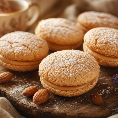 Macarons aux amandes façon petits fours dorés et saupoudrés de sucre glace, disposés sur une planche en bois rustique, avec