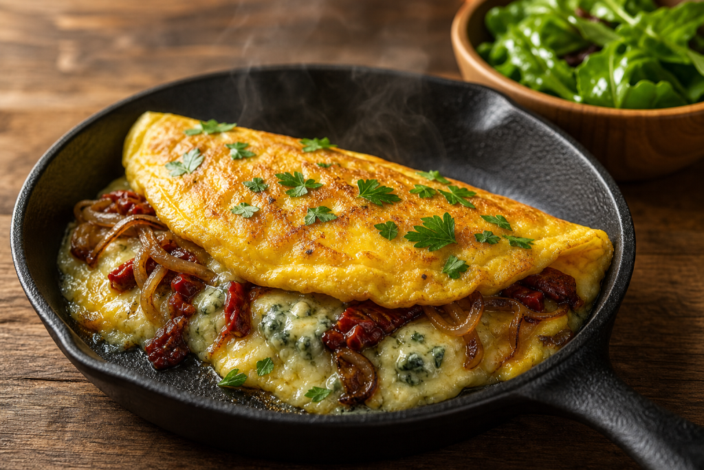 Omelette au bleu végétarienne avec oignons caramélisés et tomates séchées, dans une poêle en fonte