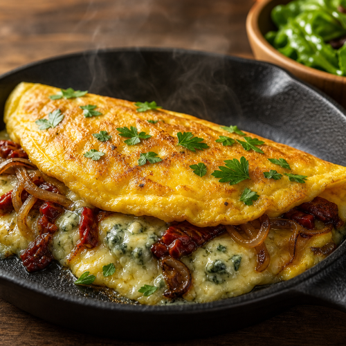 Omelette au bleu végétarienne avec oignons caramélisés et tomates séchées, dans une poêle en fonte