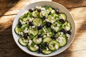 Salade de concombre au chèvre et olives noires dans un saladier blanc, avec des feuilles de menthe fraîche