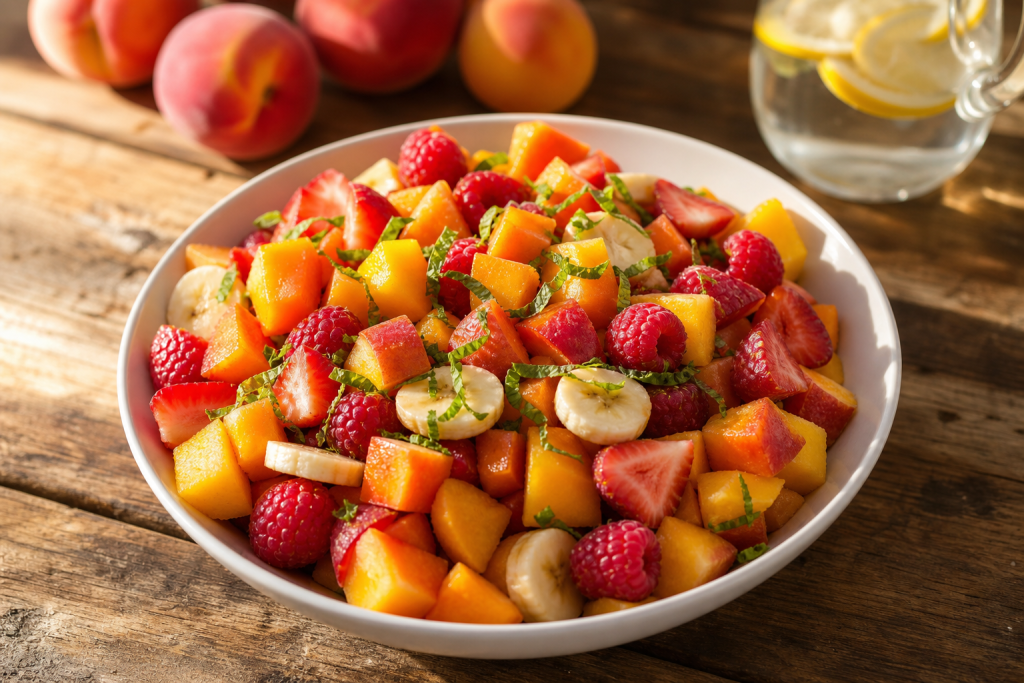 Salade de fruits d'été avec pêches, nectarines, fraises, framboises, bananes et mangue, décorée de menthe, dans une assiette