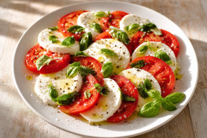 Salade de tomates mozza sur un plat blanc, tranches alternées, basilic frais et huile d'olive, vue de dessus