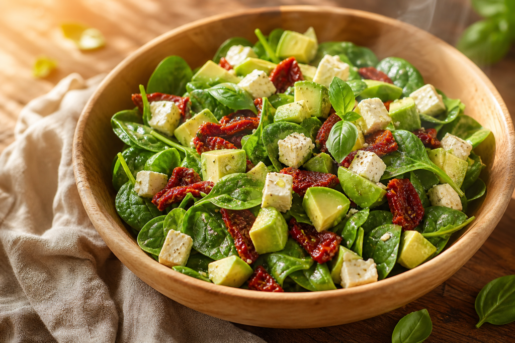 Salade fraîche de pousses d'épinards, dés d'avocat, cubes de feta et tomates confites dans un saladier en bois, éclairée par