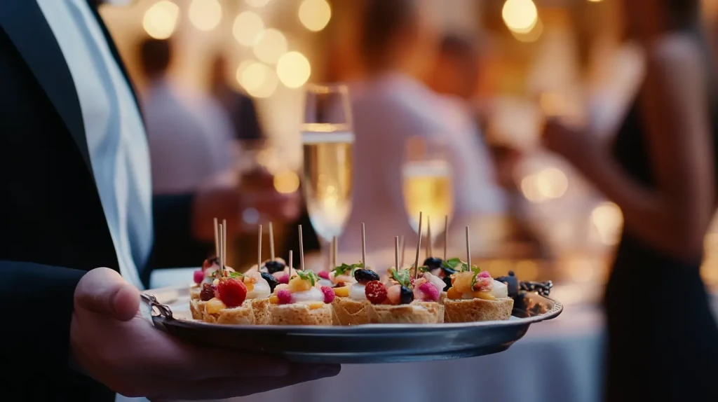 Serveur avec un plateau d'amuses-bouche dans une réception type cocktail