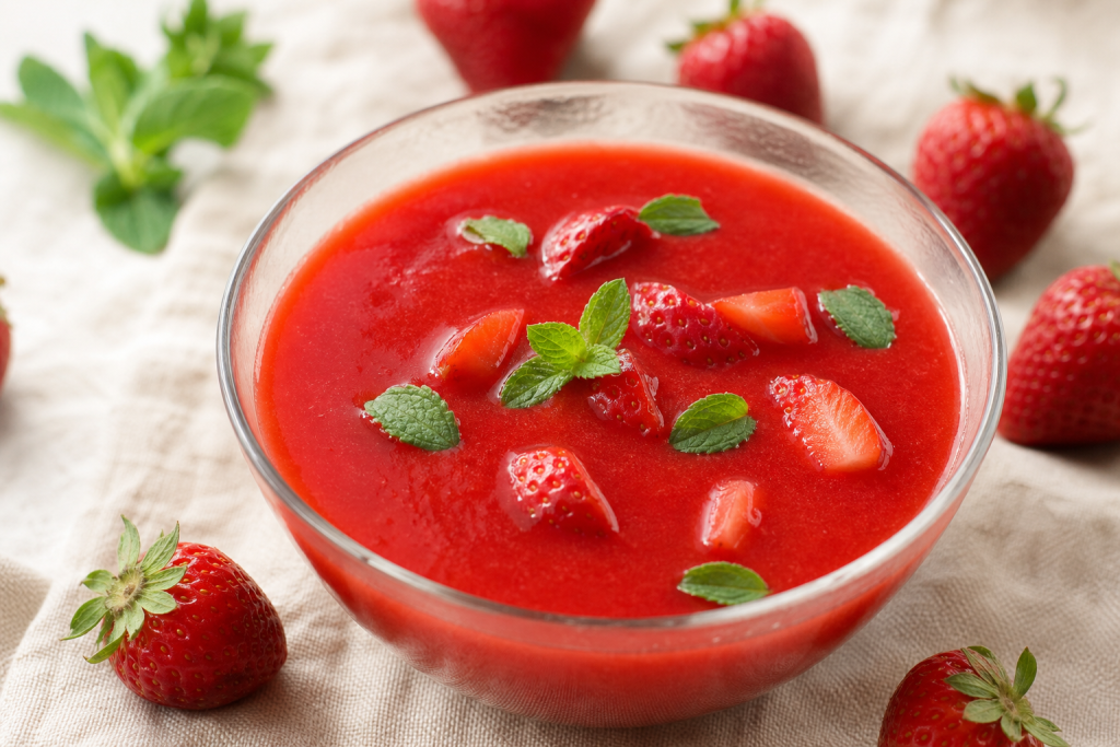 Bol en verre rempli de soupe de fraises rouge vif, décoré de morceaux de fraises et de feuilles de menthe.