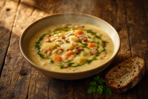 Bol de soupe lorraine aux haricots coco avec carottes et lard, posé sur une table en bois, accompagné de pain et persil.