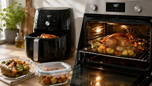 airfryer ou four traditionnel, quels sont les avantages et les inconvénients. D'un côté un poulet cuit au air fryer, de l'autre un poulet rôti au four