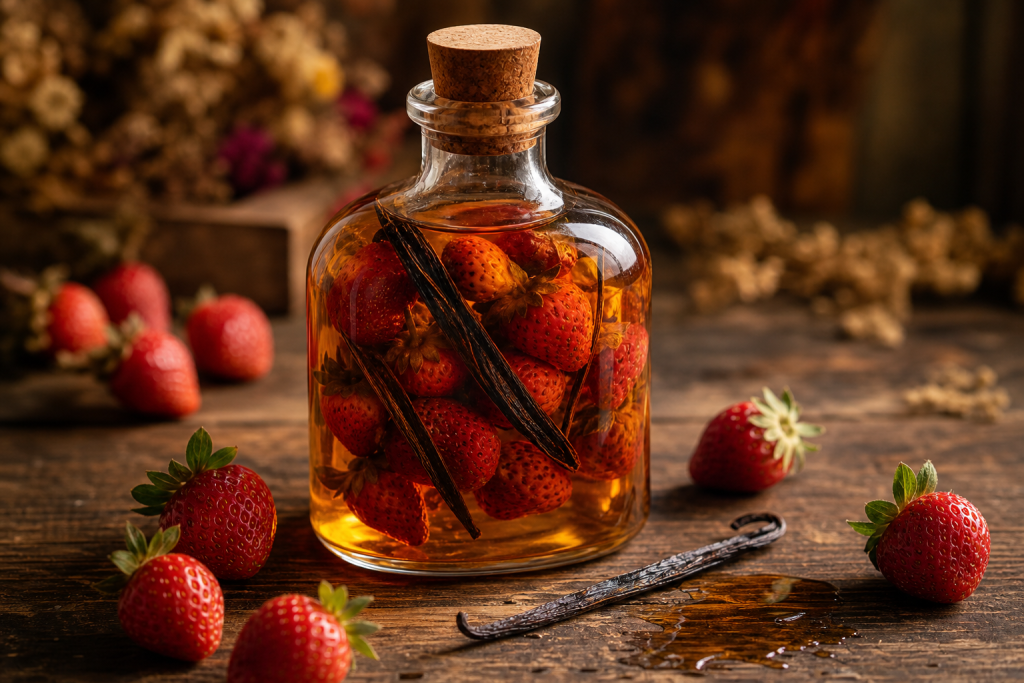 Bouteille en verre de rhum arrangé vanille fraise, avec fruits visibles, sur une table en bois rustique