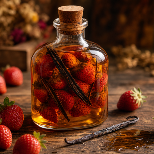 Bouteille en verre de rhum arrangé vanille fraise, avec fruits visibles, sur une table en bois rustique
