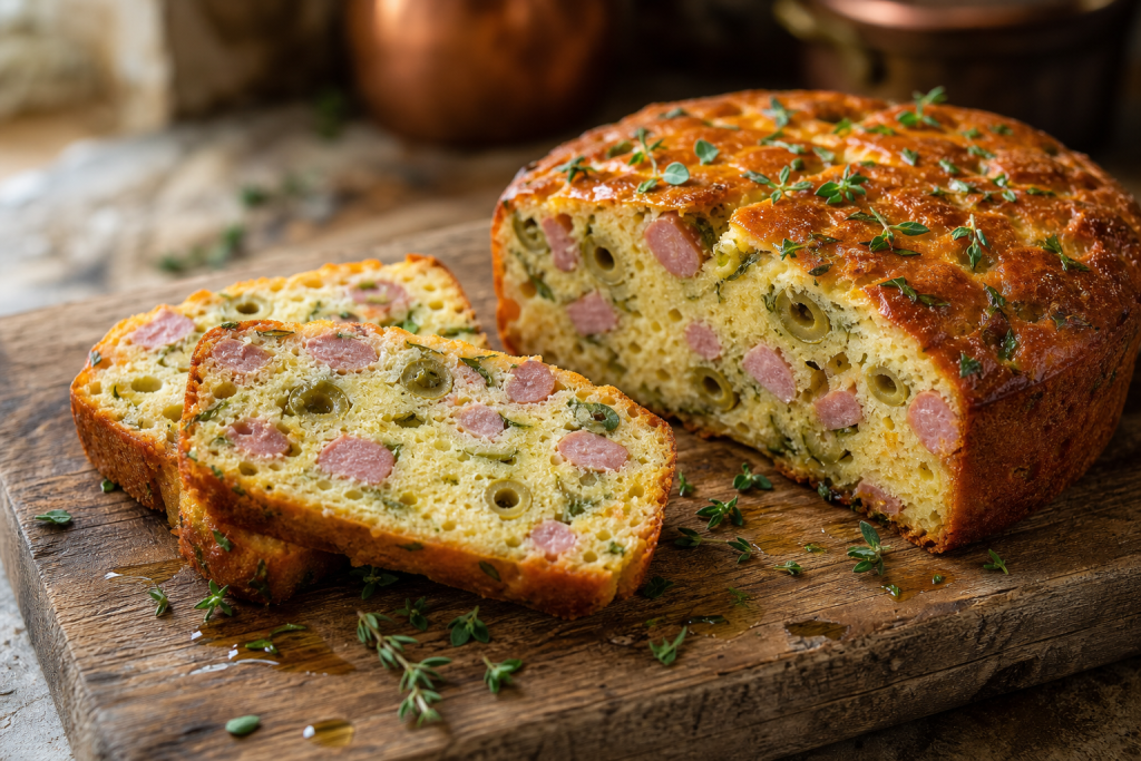Tranches de cake aux olives vertes et saucisses de Strasbourg sur une planche en bois