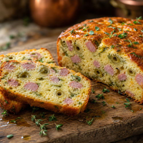 Tranches de cake aux olives vertes et saucisses de Strasbourg sur une planche en bois
