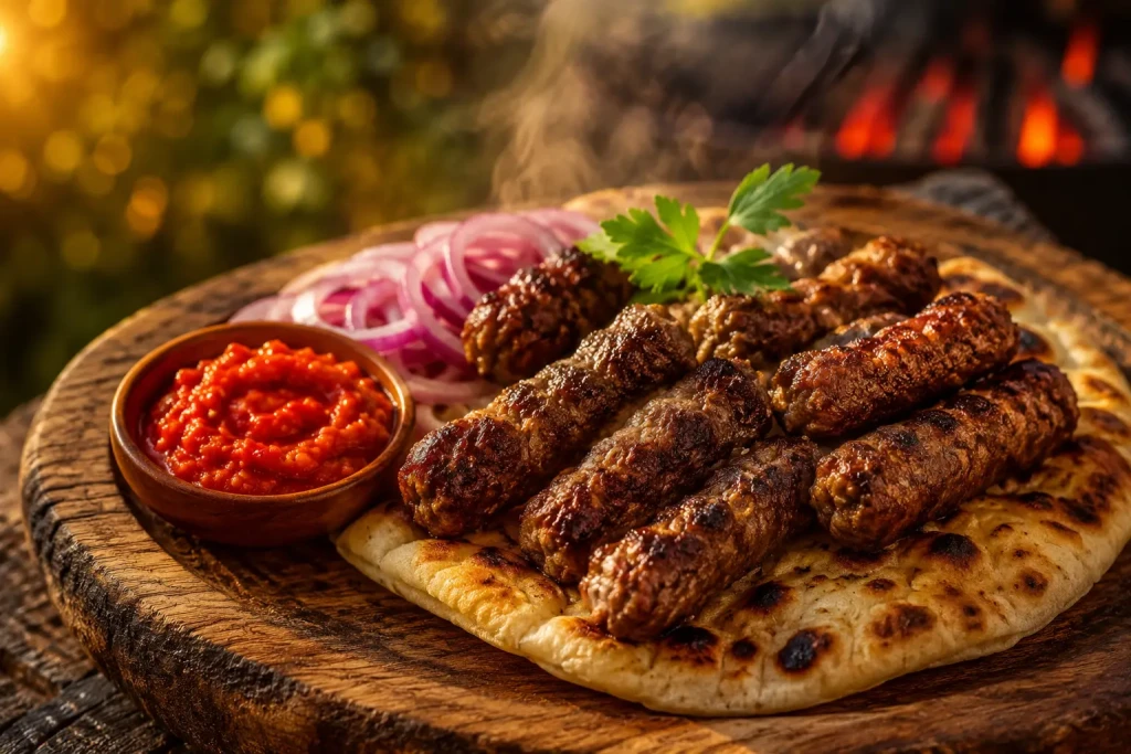 Assiette de ćevapi, petits pains de viande grillés, servis avec du pain plat, des oignons rouges et de l'ajvar