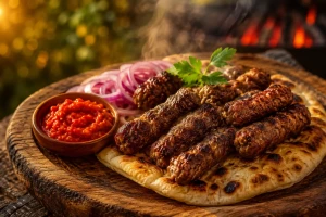 Assiette de ćevapi, petits pains de viande grillés, servis avec du pain plat, des oignons rouges et de l'ajvar
