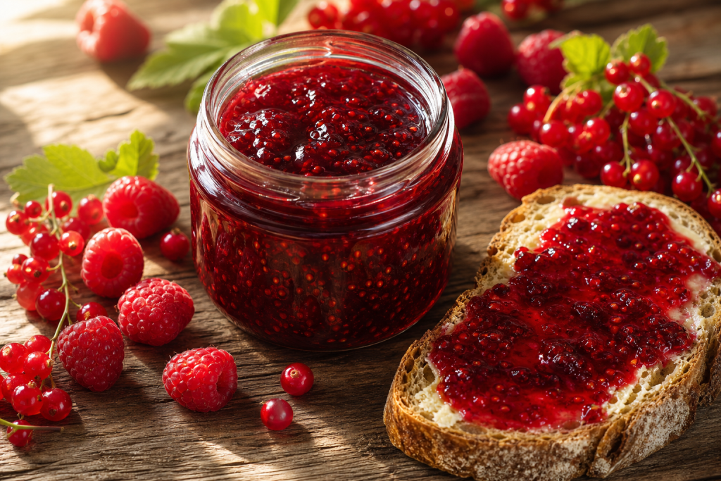 Pot de confiture framboises groseilles maison sur une table en bois avec une tartine beurrée