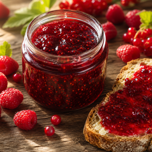 Pot de confiture framboises groseilles maison sur une table en bois avec une tartine beurrée