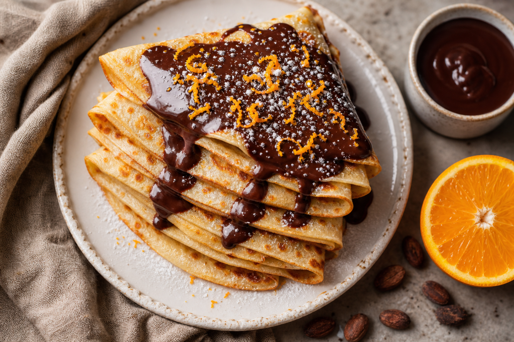 Pile de crêpes dorées nappées de sauce chocolat noir et zestes d'orange, sur assiette blanche, décoration sucre glace