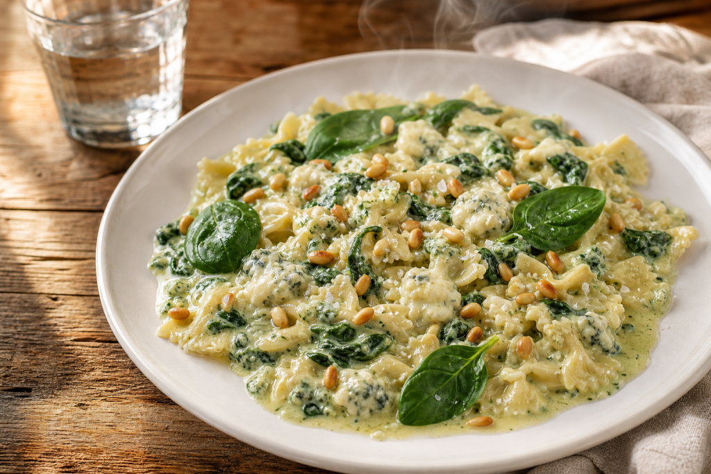 Assiette de farfalles aux épinards et gorgonzola, sauce crémeuse verte, pignons de pin sur le dessus