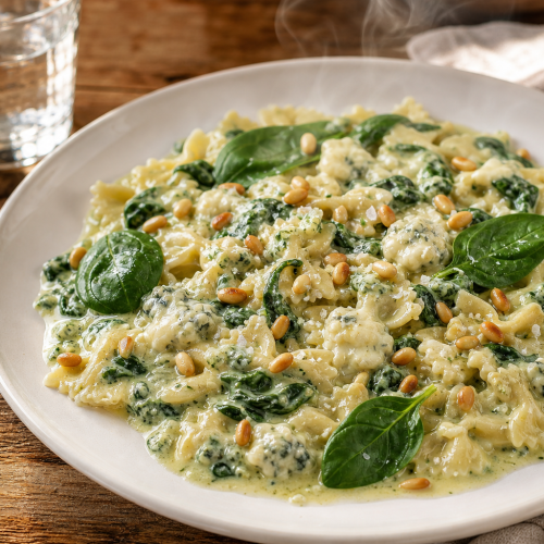 Assiette de farfalles aux épinards et gorgonzola, sauce crémeuse verte, pignons de pin sur le dessus
