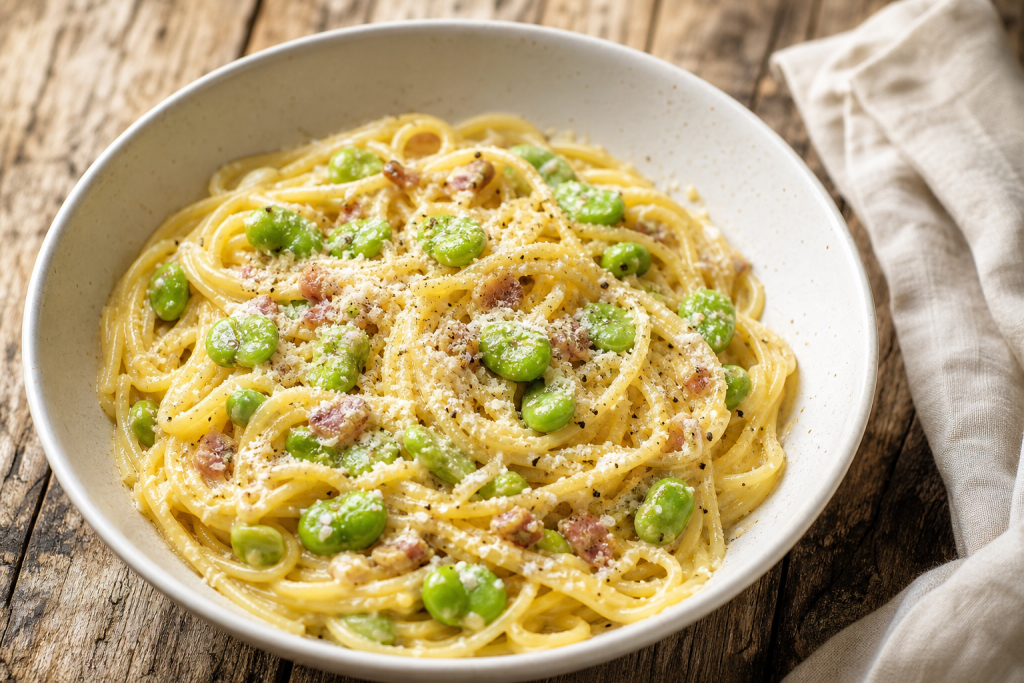 Spaghetti carbonara crémeux avec des fèves vertes dans un bol blanc sur une table en bois