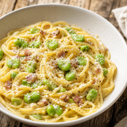 Spaghetti carbonara crémeux avec des fèves vertes dans un bol blanc sur une table en bois
