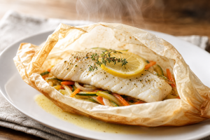 Filet de sole cuit en papillotte sur un lit de carottes et courgettes, garni de citron et thym