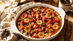 Plat de flocons d'avoine cuits au four avec fraises et bananes, servi dans un plat blanc sur une table en bois.