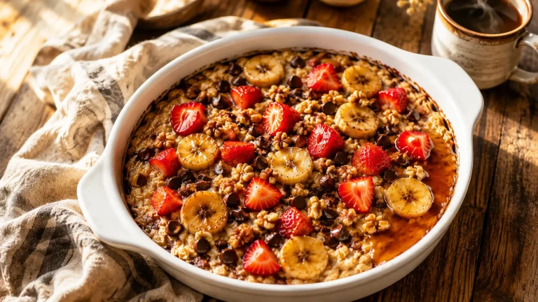 Plat de flocons d'avoine cuits au four avec fraises et bananes, servi dans un plat blanc sur une table en bois.