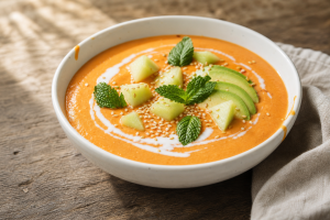 Bol de gaspacho orange vif garni de dés de melon, d'avocat et de menthe fraîche, sur une table en bois.