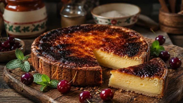 Gâteau basque brûlé avec croûte caramélisée, posé sur une planche en bois, entouré de cerises et de menthe
