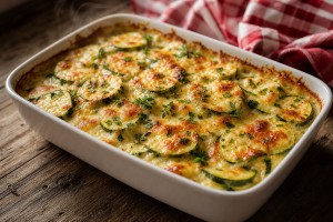 Gratin de courgettes à la crème, fromage gratiné, plat céramique blanc, herbes fraîches, table en bois