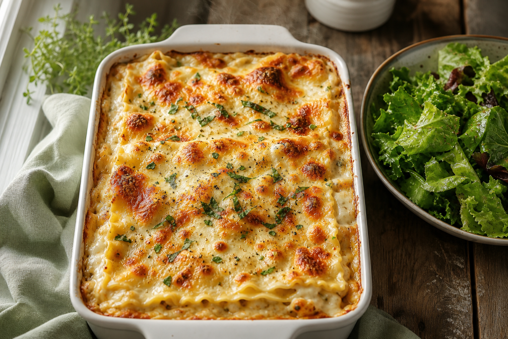 Plat de lasagnes aux trois fromages bien gratiné, avec une croûte dorée et des bulles de mozzarella fondue.