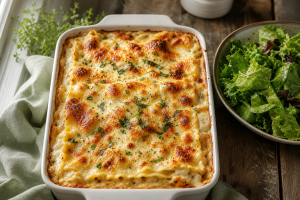 Plat de lasagnes aux trois fromages bien gratiné, avec une croûte dorée et des bulles de mozzarella fondue.