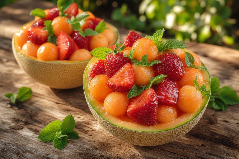 Deux demi-melons garnis de billes de melon et de fraises fraîches, décorés de menthe, sur une table en bois rustique.
