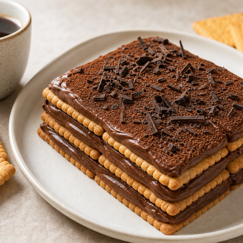 Mille-feuilles de petits beurre au chocolat sur assiette blanche, saupoudré de cacao avec copeaux de chocolat