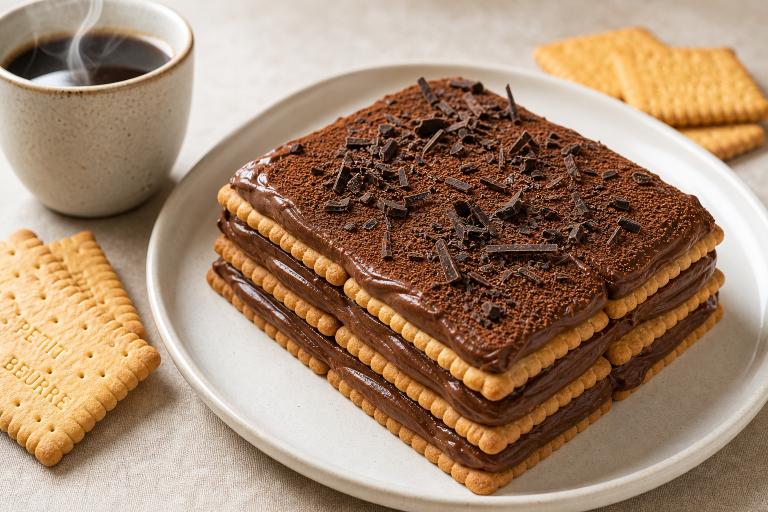Mille-feuilles de petits beurre au chocolat sur assiette blanche, saupoudré de cacao avec copeaux de chocolat