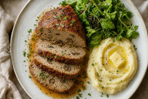 Pain de veau aux champignons doré, tranché, servi avec purée et salade verte, sur un plat blanc en céramique.