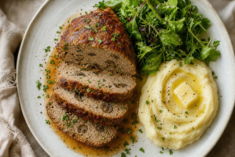 Pain de veau aux champignons doré, tranché, servi avec purée et salade verte, sur un plat blanc en céramique.