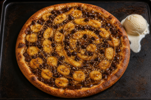 Pizza sucrée ronde garnie de rondelles de banane et de pépites de chocolat, sur une plaque en métal, avec une boule de glace