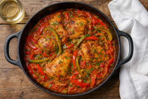 Poulet basquaise mijoté aux poivrons et tomates, servi dans une cocotte en fonte sur une table en bois.