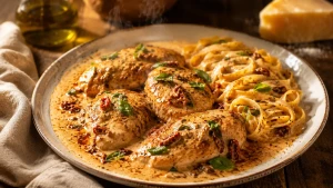 Plat de poulet Marry me avec sauce crémeuse, tomates séchées et feuilles de basilic, servi sur une assiette blanche